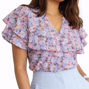 Principles Petites Floral Blouse Ruffle V-Neck Short Sleeve - 10P